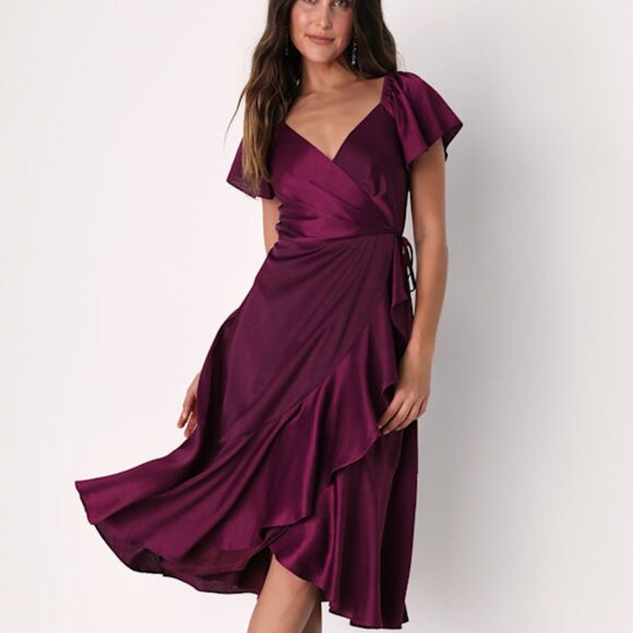 Lulus Serene Sight Plum Purple Midi Wrap Dress - Size L - Picture 1 of 1